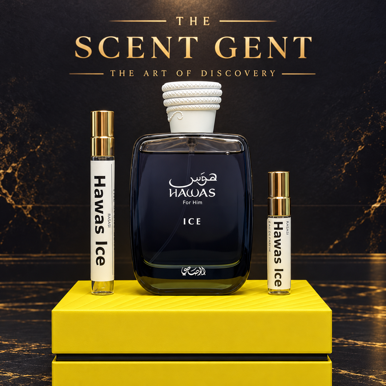 Rasasi Hawas Ice with 5 mL and 10 mL decants