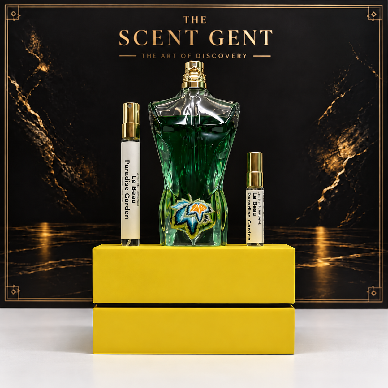 Jean Paul Gaultier Le Beau Paradise Garden with 5 mL and 10 mL decants