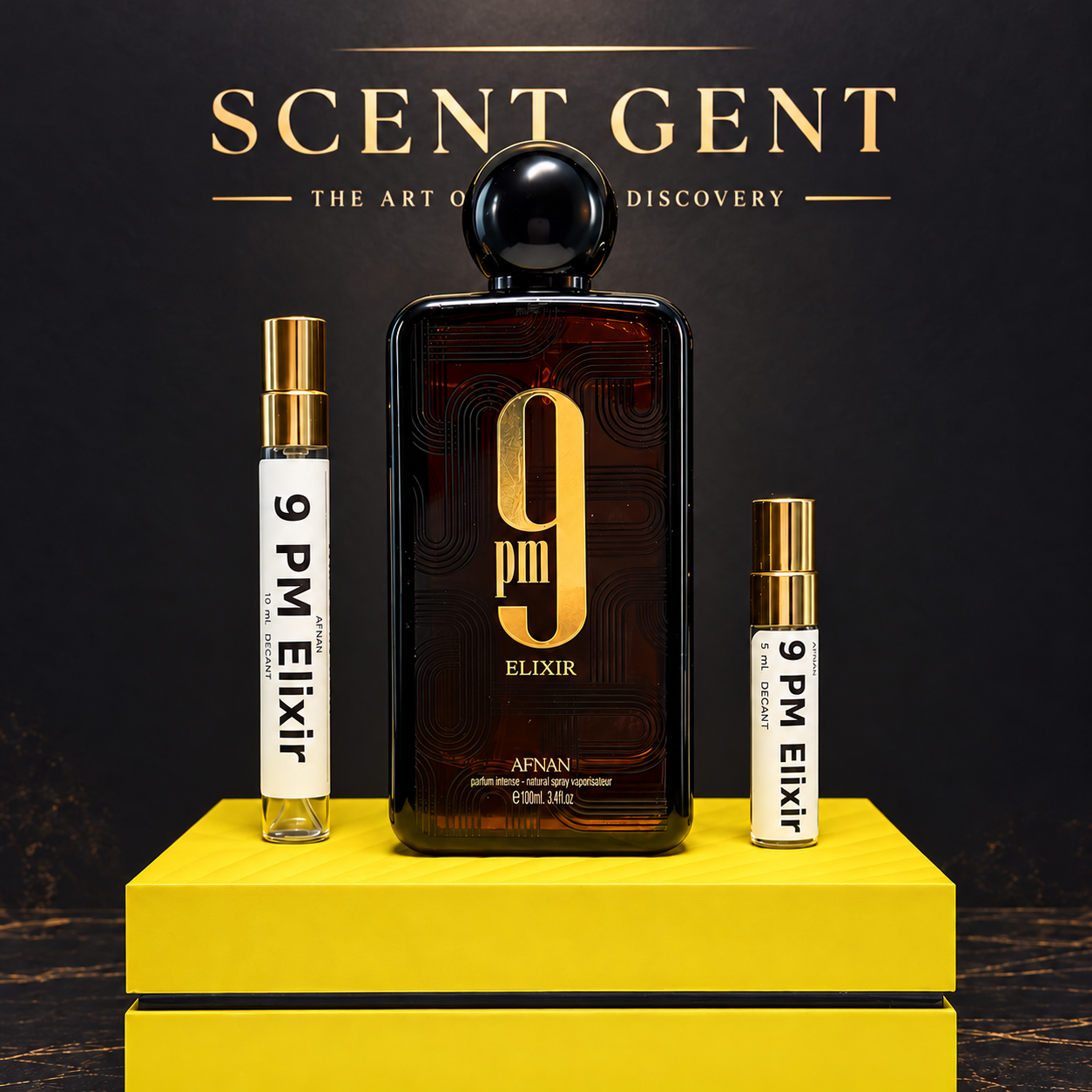Afnan 9 PM Elixir with 5 mL and 10 mL decants