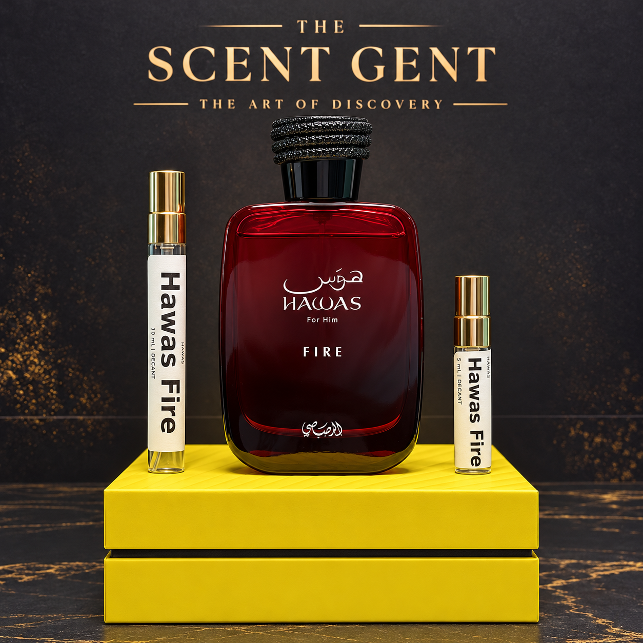 Rasasi Hawas Fire with 5 mL and 10 mL decants